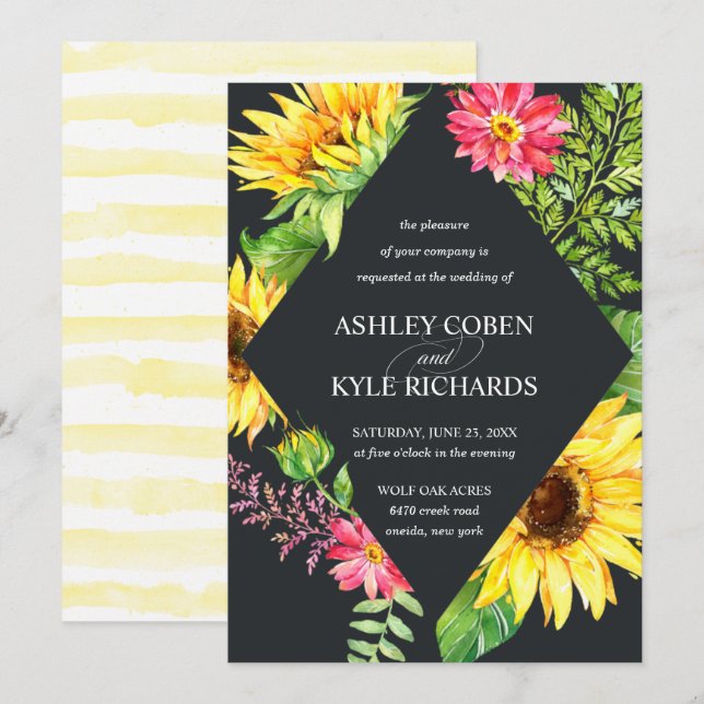Sunflower wedding in yellow with dark background invitation (Front/Back)