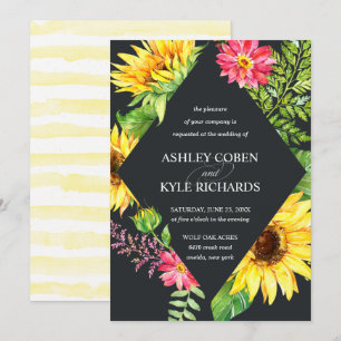 Sunflower wedding in yellow with dark background invitation