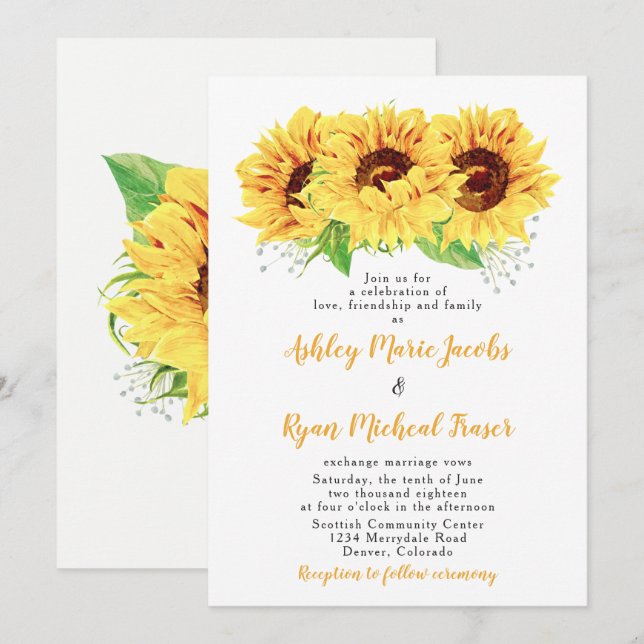Sunflower Wedding Invitation Watercolor Floral (Front/Back)