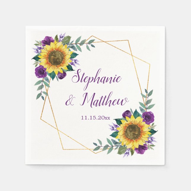 Sunflower Wedding Purple Floral Elegant Napkin (Front)