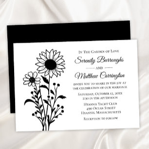 Sunflower Wedding – Rustic Black and White Floral Invitation