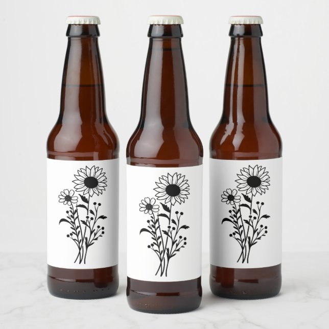 Sunflower Wedding Rustic Wildflowers Black White Beer Bottle Label (Bottles)