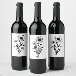 Sunflower Wedding Rustic Wildflowers Black White Wine Label