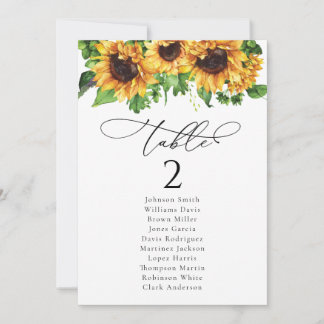 Sunflower Wedding Table Seating Chart Cards