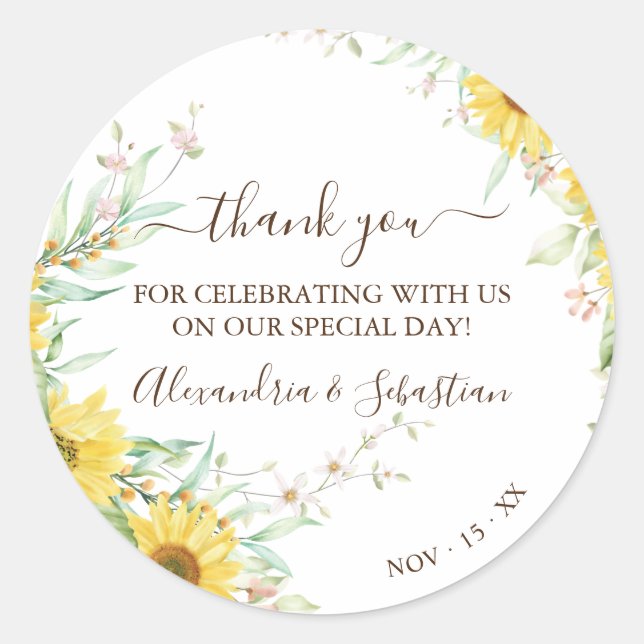Sunflower Wedding Thank You Classic Round Sticker (Front)