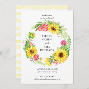 Sunflower wedding with wreath on white background invitation