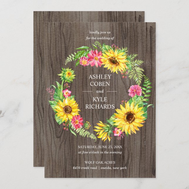 Sunflower wedding with wreath on wood background invitation (Front/Back)