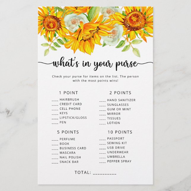 Sunflower what's in your purse game (Front)