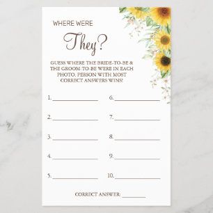 Sunflower Where were They Bridal shower game card