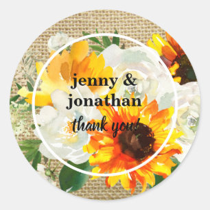 Sunflower & White Rose Burlap Thank You Classic Round Sticker