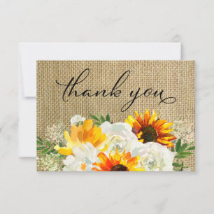 Sunflower & White Rose Floral 2 Burlap  Thank You Card
