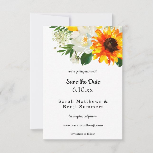 Sunflower & White Rose Floral &White Save The Date (Front)