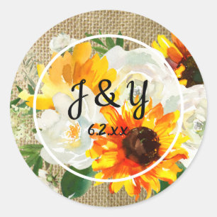 Sunflower & White Rose Monogram Thank You- Burlap Classic Round Sticker