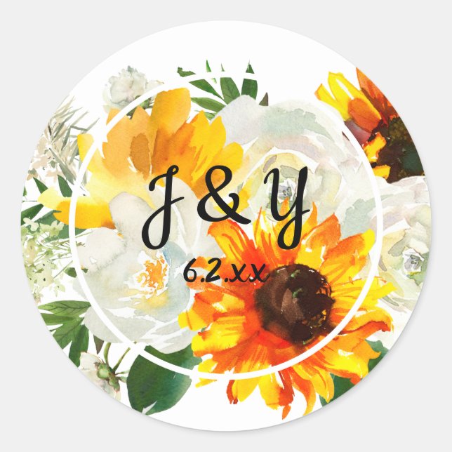 Sunflower & White Rose Monogram Thank You- White Classic Round Sticker (Front)