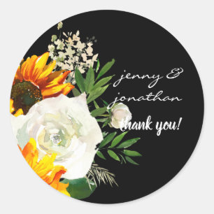 Sunflower & White Rose Thank You- Black 2 Classic Round Sticker