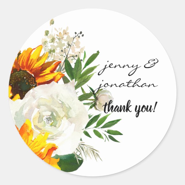 Sunflower & White Rose Thank You- White 2 Classic Round Sticker (Front)