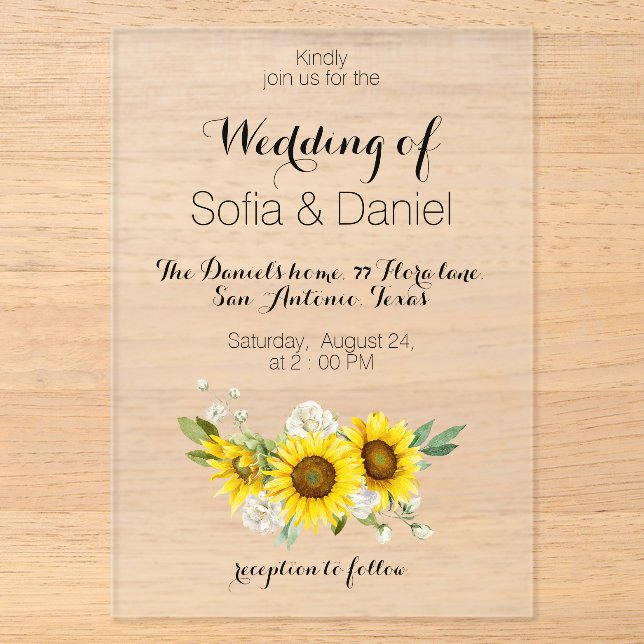 Sunflower white rose wedding Acrylic Invitation (Front)