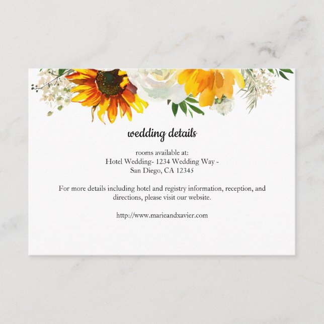 Sunflower & White Rose Wedding or Party Details Enclosure Card (Front)