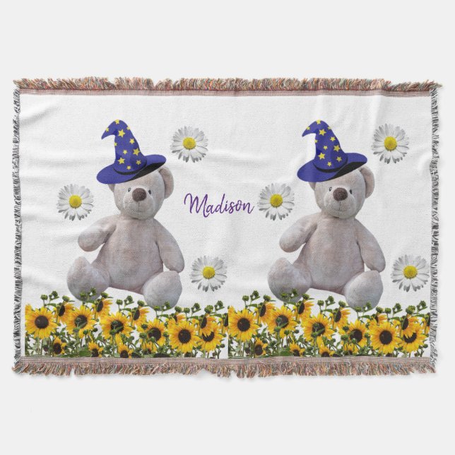 Sunflower White Teddy Bear Throw Blanket (Front)