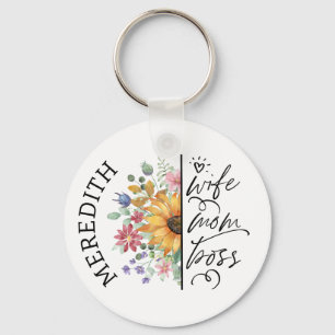 Sunflower Wife Mom Boss Customizable Keychain
