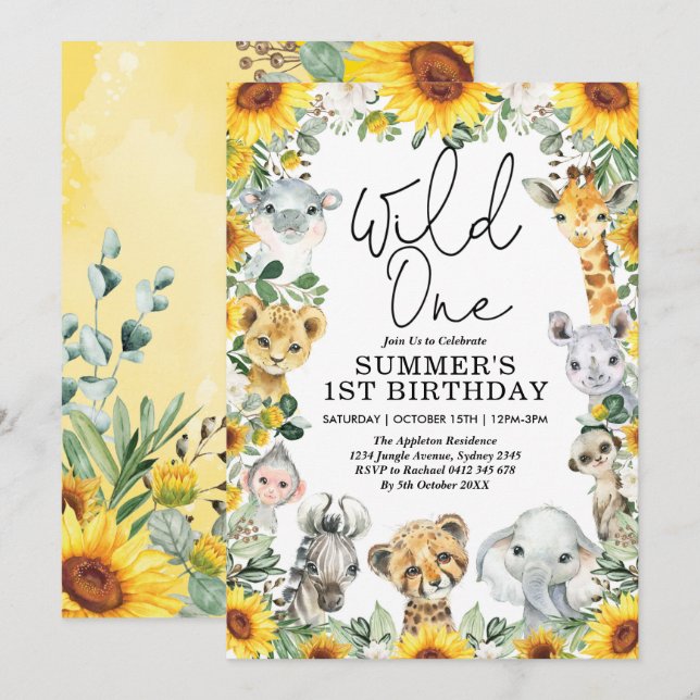 Sunflower Wild One Jungle Safari Animals Birthday Invitation (Front/Back)