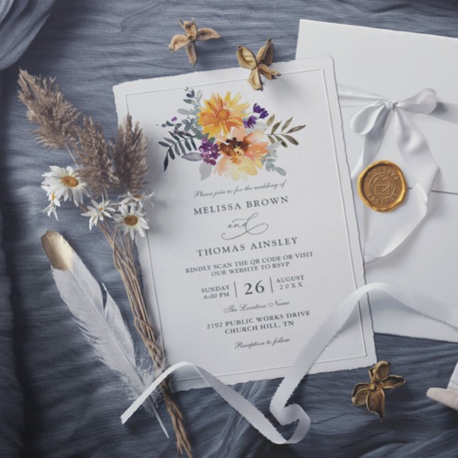 Sunflower Wildflower Rustic Budget QR Code Wedding Invitation (Creator Uploaded)
