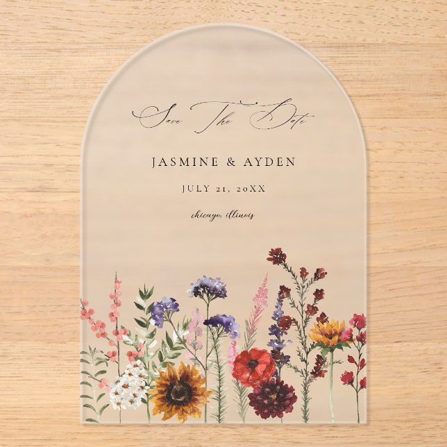 Sunflower & Wildflowers Floral Arc Acrylic Invitations (Front)