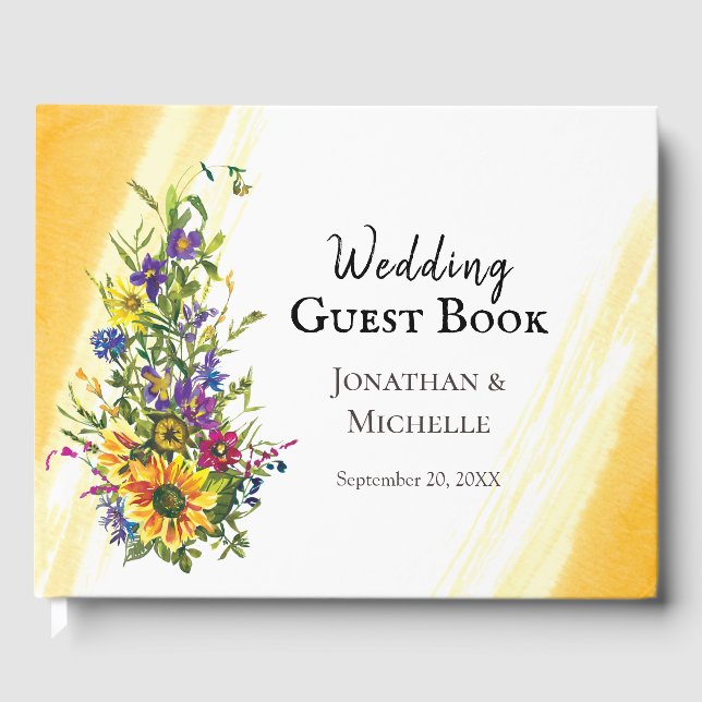 Sunflower Wildflowers Yellow Blue Greenery Wedding Guest Book (Front)