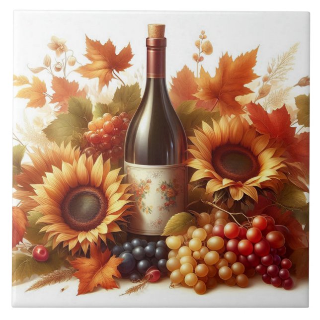 Sunflower & Wine Harvest Fall Ceramic Tile  (Front)
