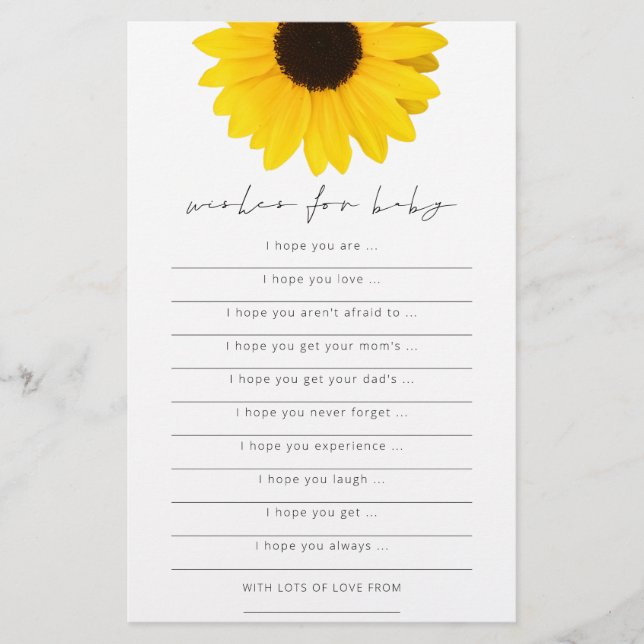 Sunflower Wishes for Baby Shower Game Flyer (Front)