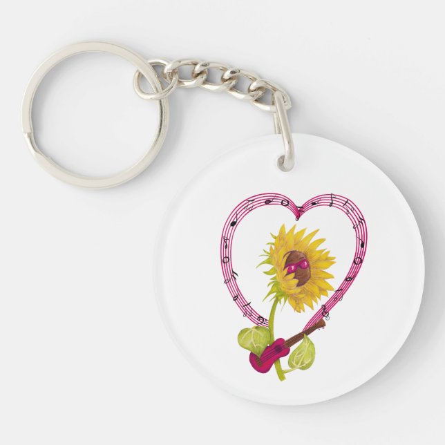 Sunflower with a Ukulele and Music Notes Keychain (Front)