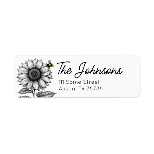 Sunflower with Bee Black and White Address Label (Front)
