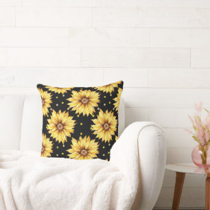 Sunflower with Black Background Throw Pillow