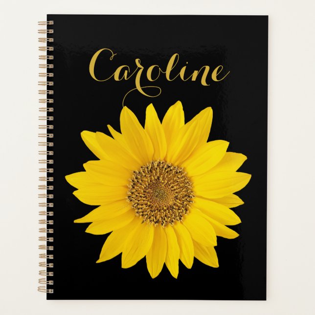 Sunflower with Custom Name on Black Planner (Front)
