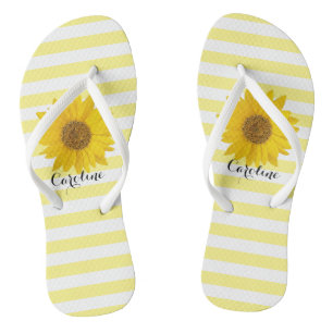 Sunflower with Custom Name Yellow Striped Flip Flops