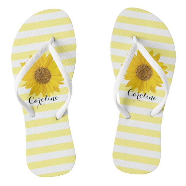Sunflower with Custom Name Yellow Striped Flip Flops (Footbed)