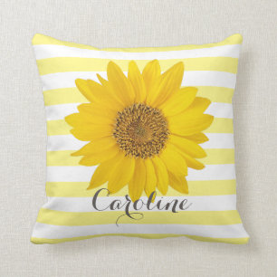 Sunflower with Custom Name Yellow Striped Throw Pillow