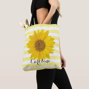 Sunflower with Custom Name Yellow Striped Tote Bag