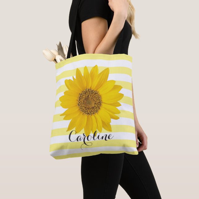 Sunflower with Custom Name Yellow Striped Tote Bag (Close Up)