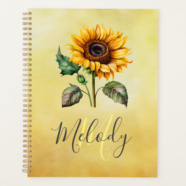 Sunflower with Monogram script name watercolor Planner (Front)