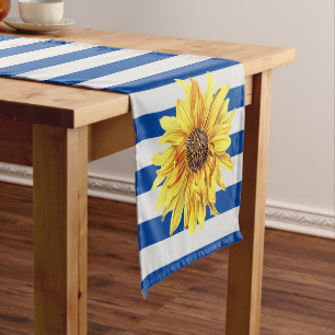 Sunflower with  Navy Stripes Short Table Runner