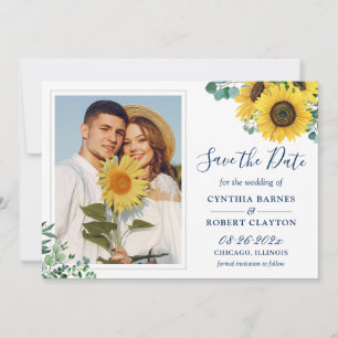 Sunflower with Navy Yellow White Photo Wedding Save The Date