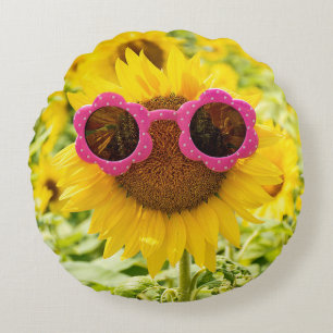 Sunflower with Sunglasses Round Pillow