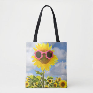 sunflower with sunglasses tote bag