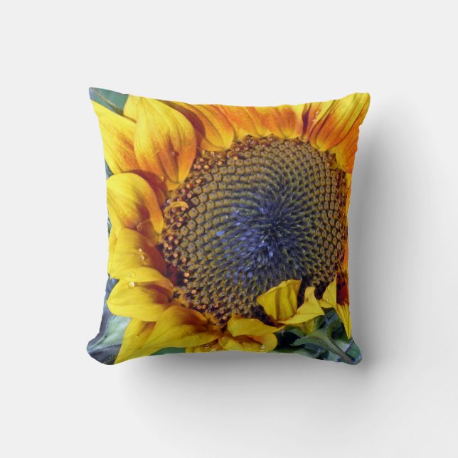 Sunflower with Water Droplets Throw Pillow (Front)