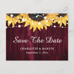 Sunflower Wood Burgundy Wedding Save The Date Announcement Postcard