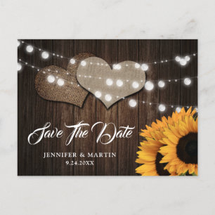 Sunflower Wood Burlap Hearts Country Wedding Postcard