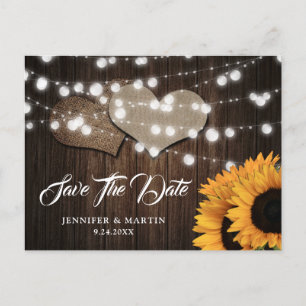 Sunflower Wood Burlap Hearts Wedding Save The Date Postcard