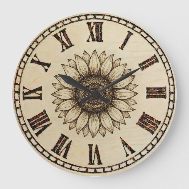Sunflower Wood Burned Wall Clock (Front)