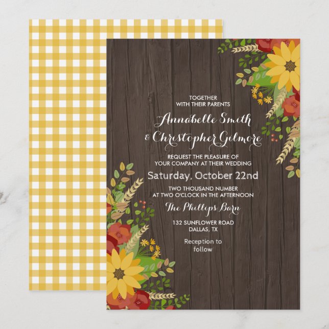 Sunflower & Wood Grain Rustic Wedding Invitation (Front/Back)